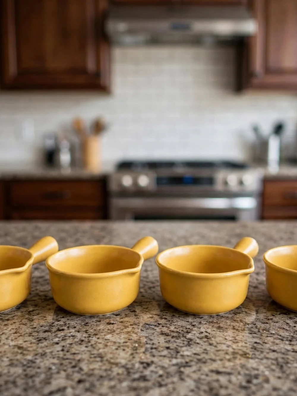 Technique Flame Set of 4 2-Cup Ceramic Soup Bowls w/ Handles Rare Mustard Yellow